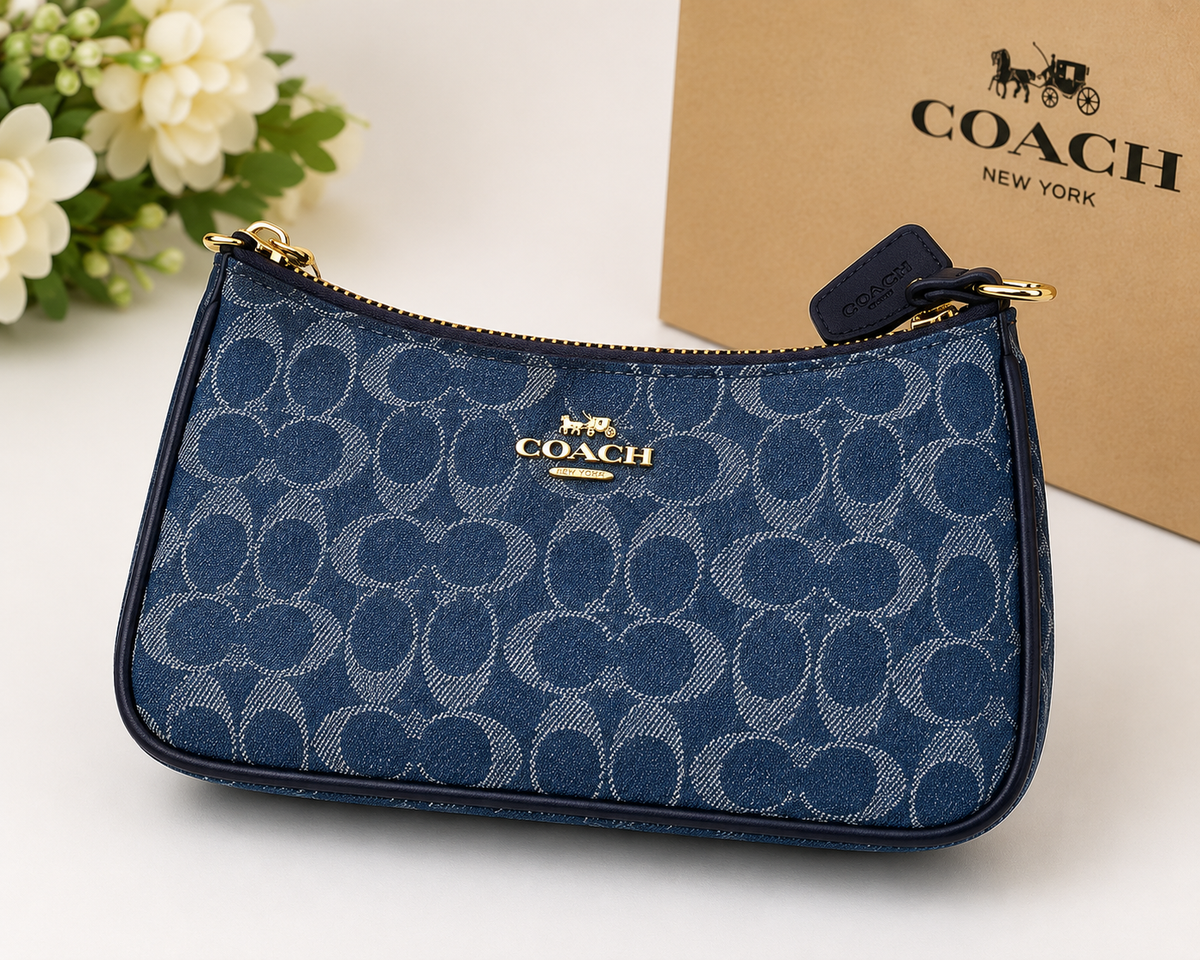 COACH navy blue signature denim wristlet pouch with gold-tone zipper 