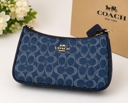 COACH navy blue signature denim wristlet pouch with gold-tone zipper 