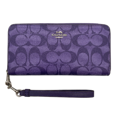 Coach purple signature canvas long zip-around wallet with leather trim and detachable