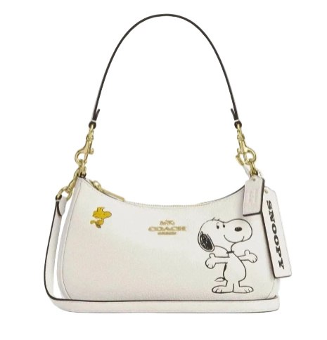 Coach x Peanuts Teri Shoulder Bag in Chalk White featuring Snoopy and Woodstock character design