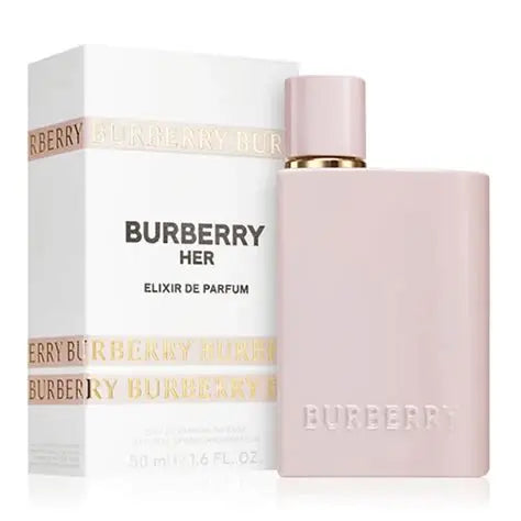 Burberry Her Elixir de Parfum 50ml bottle in a soft pink color with a gold collar, shown next to its white packaging box with gold and pink branding details.