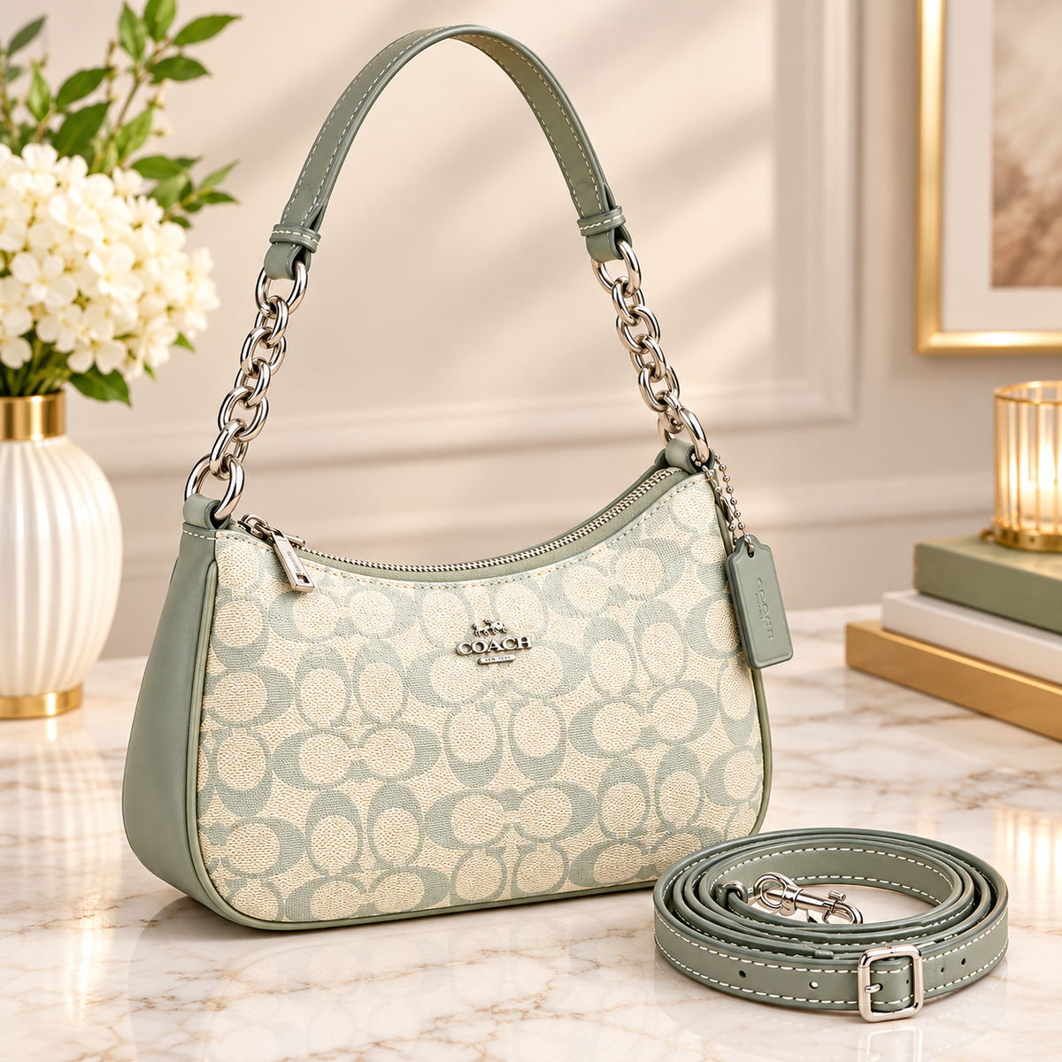 Coach signature canvas shoulder bag featuring sage green trim and an elegant chain strap